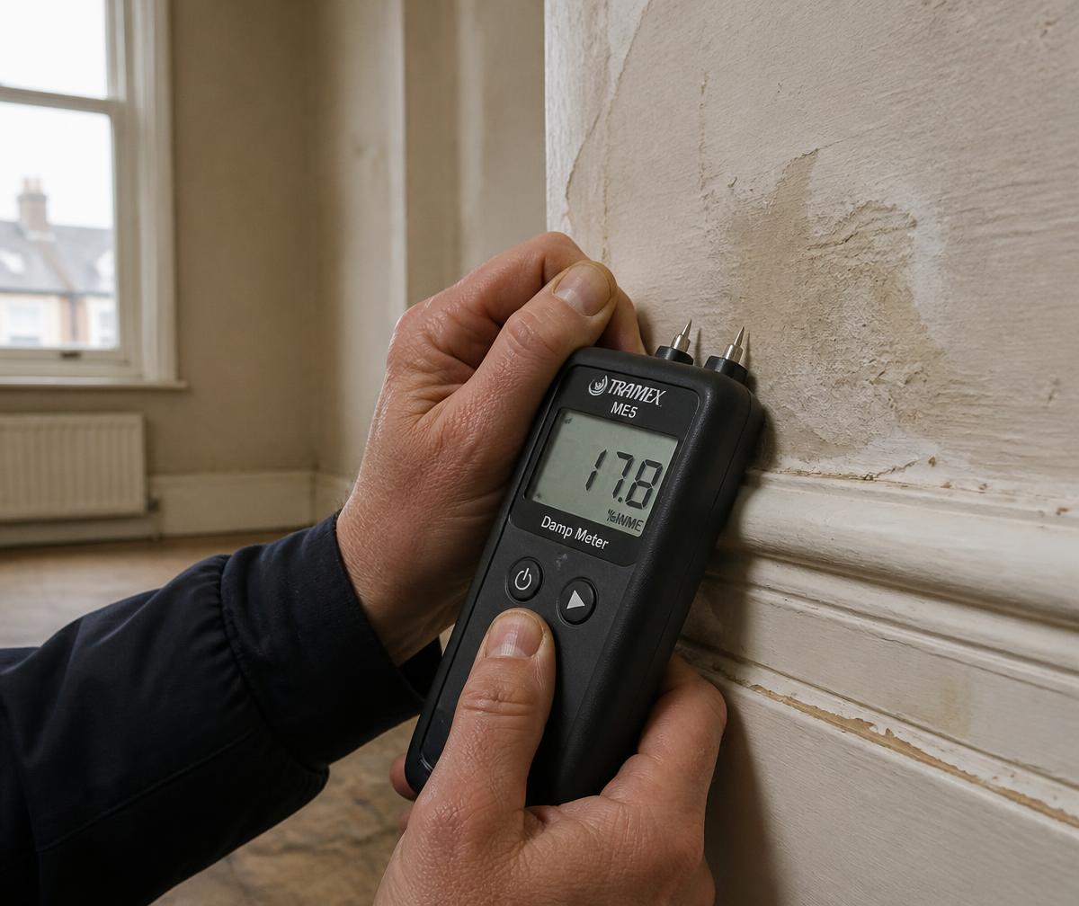 Surveyor holding a damp meter against the plaster above a skirting board