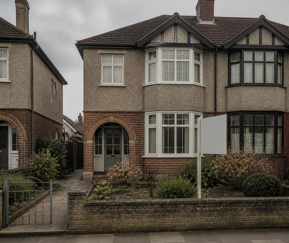 Front of a 1930s pebbledashed semi-detached house with a bay window and small front garden