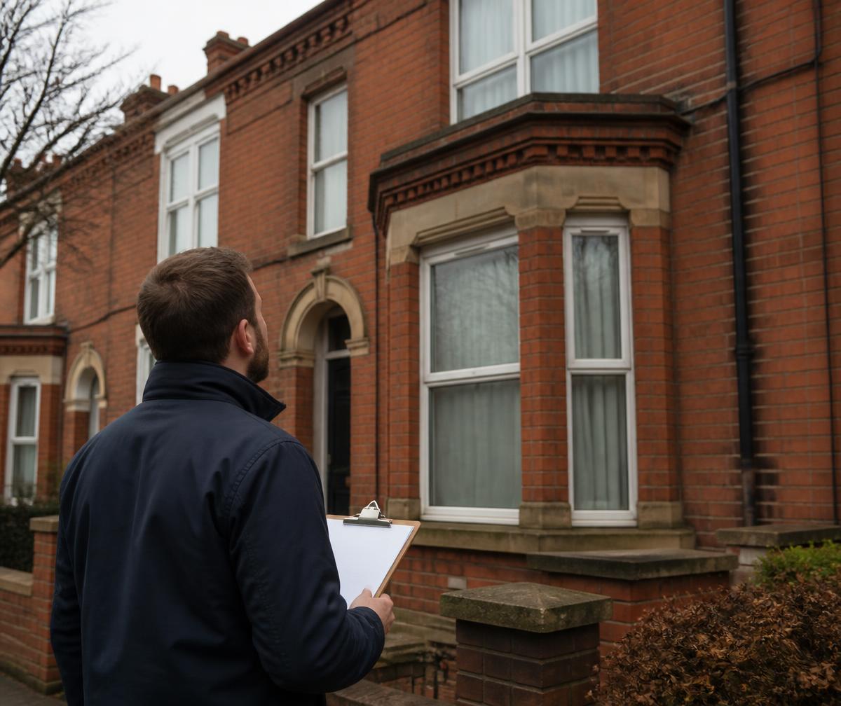 Surveyor with a clipboard looking up at the bay window of a red-brick Victorian terrace on an overcast day