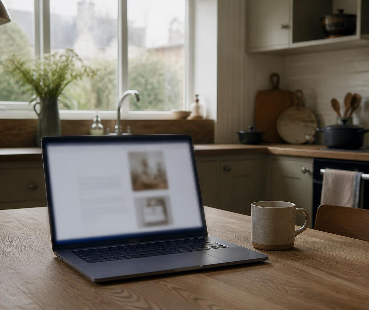 Laptop open on a kitchen table beside a mug, in soft daylight from the window