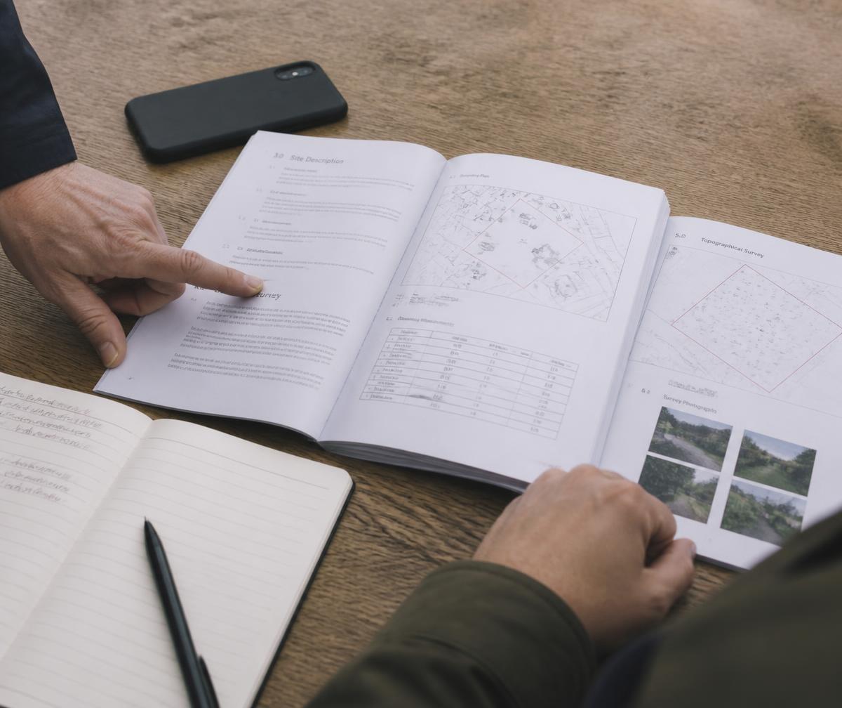 Printed survey report open on a table with a notebook, pen and phone alongside
