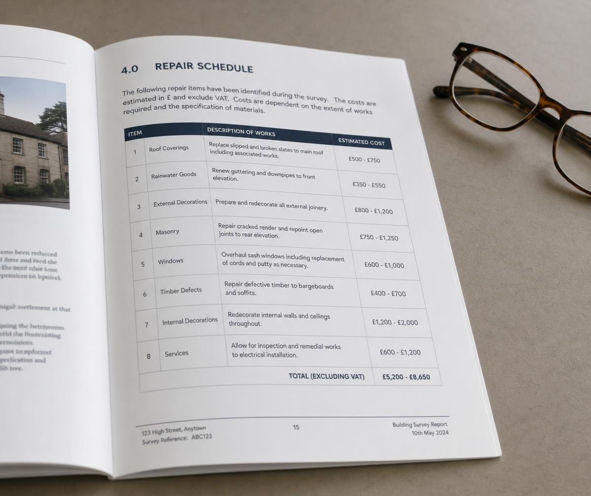 Survey report page showing a repair schedule with estimated costs for each item of work