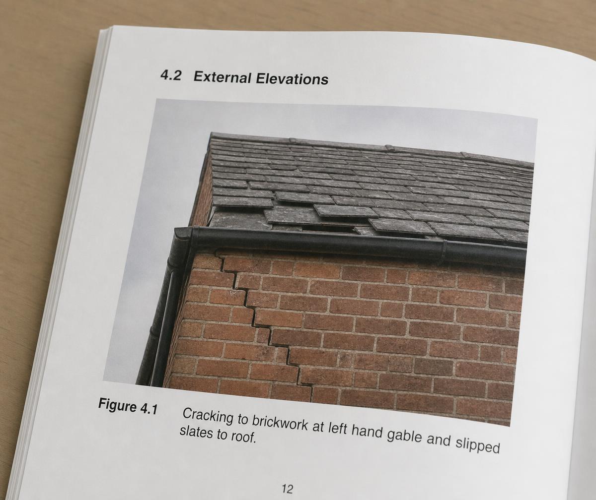 Survey report page with a photograph of cracked brickwork and slipped roof slates, with a caption