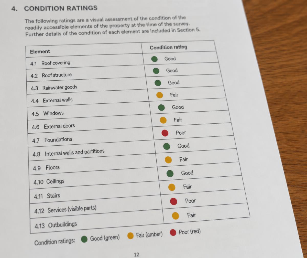 Close-up of a survey report page listing building elements with green, amber and red condition ratings