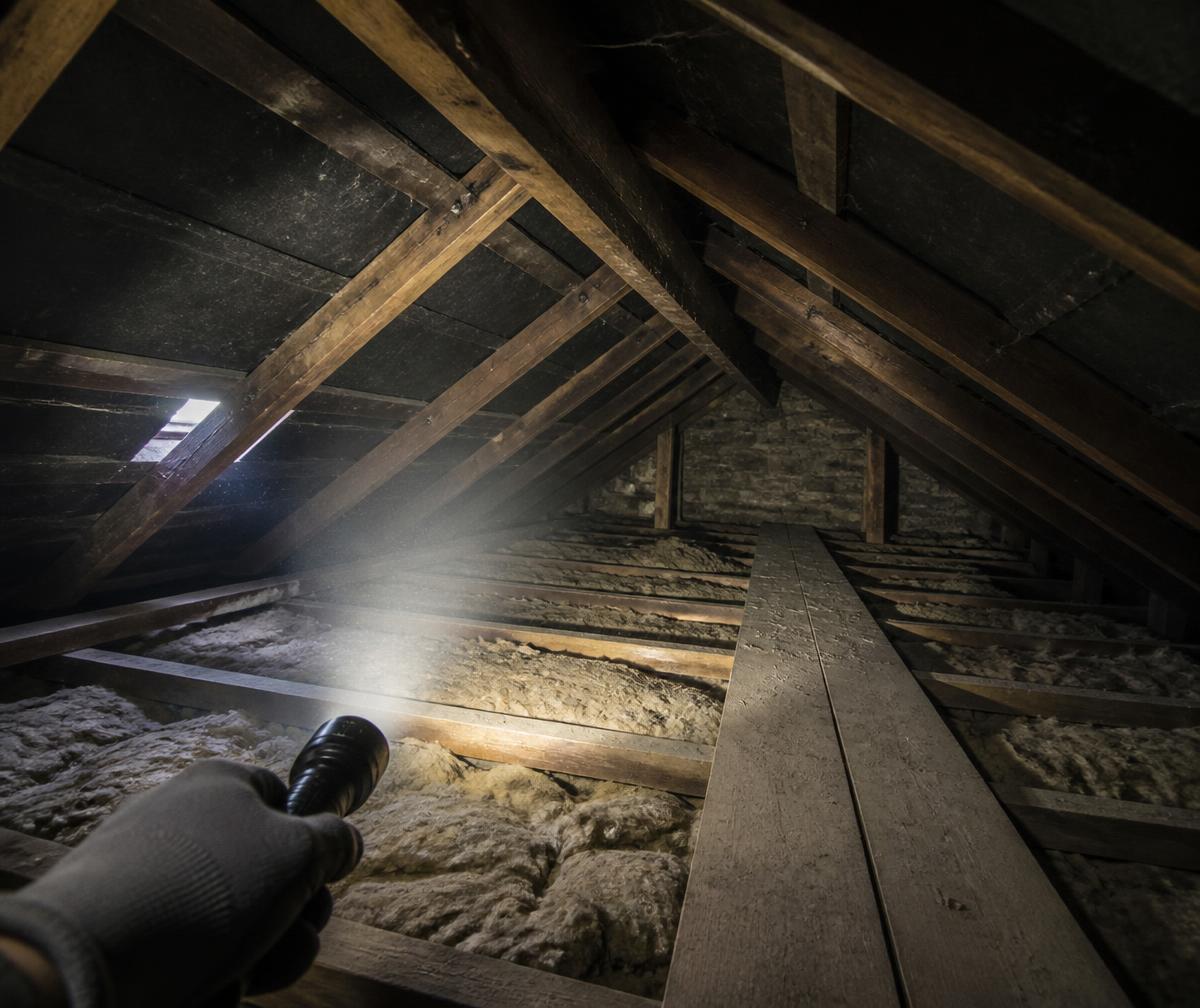 Roof space of an older house lit by torchlight, showing rafters, purlins and insulation