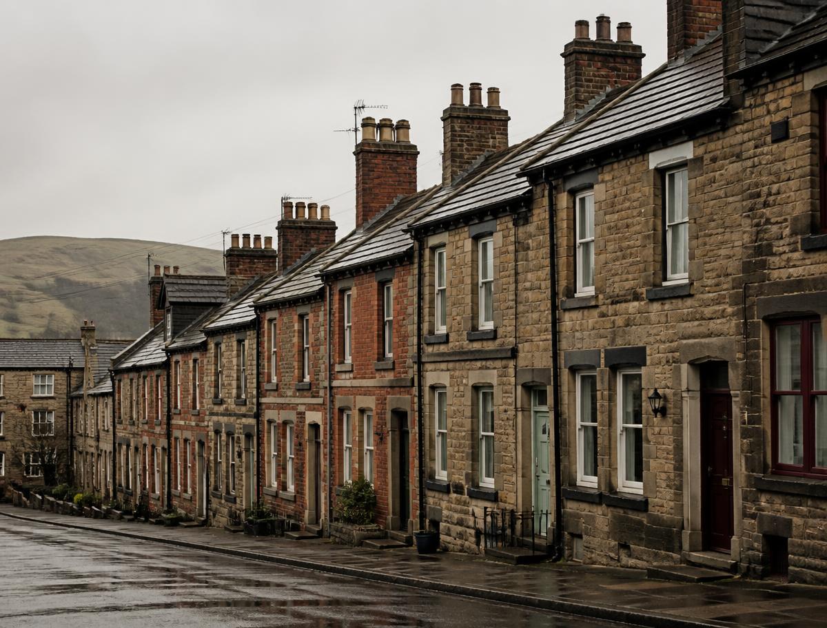 Street of stone and brick Victorian terraces in a northern English town under grey skies